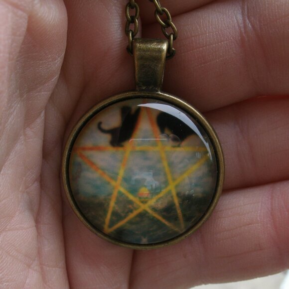 Pentacle with Cat & Raven Glass Cabochon Pendant Necklace - Picture 13 of 13